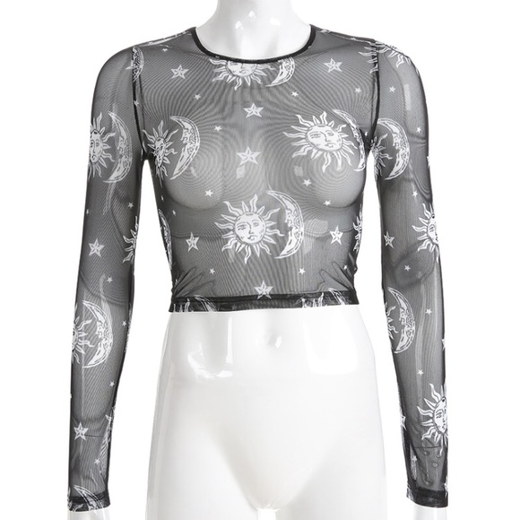 Black mesh sun moon & stars sheer crop top - Picture 13 of 15